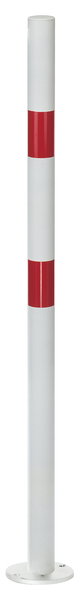 Bollard standard SK, round, Material: raw steel, Surface: hot-dip galvanised, white powder-coated with two red, reflecting rings, for screwing on, Post dia.: 60 mm, Height above ground: 1000 mm, Plate: 120 x 120 mm, Ground plate: 120 x 120 mm, No. of eyes: 0, No. of holes: 4, Hole: Ø13 mm