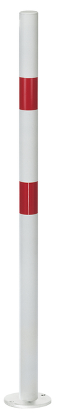 Absperrpfosten Standard SK, rund, Material: Stahl roh, Oberfläche: feuerverzinkt, weiß kunststoffbeschichtet mit zwei roten, reflektierenden Ringen, zum Aufschrauben, Pfosten-Ø: 60 mm, Höhe über Boden: 1000 mm, Platte: 120 x 120 mm, Anzahl Löcher: 4, Loch: Ø13 mm