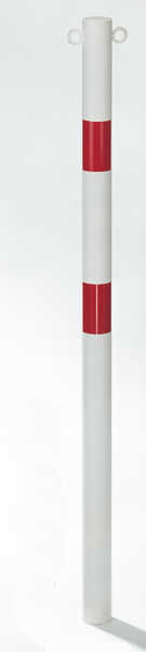 Absperrpfosten Standard SK, rund, Material: Stahl roh, Oberfläche: feuerverzinkt, weiß kunststoffbeschichtet mit zwei roten, reflektierenden Ringen, zum Einbetonieren, Pfosten-Ø: 76 mm, Höhe über Boden: 1000 mm, Gesamtlänge Pfosten: 1500 mm
