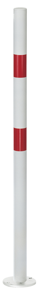 Bollard standard SK, round, Material: raw steel, Surface: hot-dip galvanised, white powder-coated with two red, reflecting rings, for screwing on, Post dia.: 76 mm, Height above ground: 1000 mm, Plate: 120 x 120 mm, Ground plate: 120 x 120 mm, No. of eyes: 0, No. of holes: 4, Hole: Ø13 mm