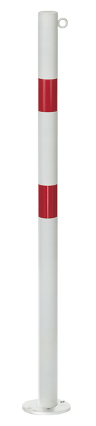 Bollard standard SK, round, Material: raw steel, Surface: hot-dip galvanised, white powder-coated with two red, reflecting rings, for screwing on, Post dia.: 76 mm, Height above ground: 1000 mm, Plate: 120 x 120 mm, Ground plate: 120 x 120 mm, No. of eyes: 1, No. of holes: 4, Hole: Ø13 mm