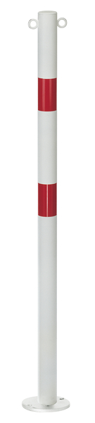 Bollard standard SK, round, Material: raw steel, Surface: hot-dip galvanised, white powder-coated with two red, reflecting rings, for screwing on, Post dia.: 76 mm, Height above ground: 1000 mm, Plate: 120 x 120 mm, Ground plate: 120 x 120 mm, No. of eyes: 2, No. of holes: 4, Hole: Ø13 mm