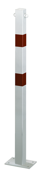 Bollard standard SK, angular, Material: raw steel, Surface: hot-dip galvanised, white powder-coated with two red, reflecting rings, for screwing on, Post: 70 x 70 mm, Height above ground: 1000 mm, Plate: 120 x 120 mm, No. of eyes: 2, No. of holes: 4, Hole: Ø13 mm