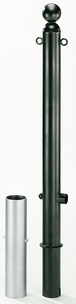 Bollard Bella, Material: raw steel, Surface: hot-dip galvanised, powder-coated anthracite-metallic, for setting in concrete, removable, Post dia.: 60 mm, Height above ground: 1000 mm, Total length of post: 1200 mm, Ground sleeve dia.: 65 mm, Length of ground sleeve: 400 mm, No. of eyes: 2