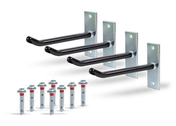 Felgenhalter-Set, Material: Stahl roh, Oberfläche: galvanisch verzinkt, Überzug aus PVC-Schlauch, Inhalt pro PE: 4 Set, Tiefe: 200 mm, Plattenlänge: 120 mm, Plattenbreite: 40 mm, Plattenstärke: 5 mm