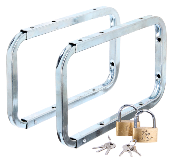 Leiterhaken, zwei Stück, Material: Stahl roh, Oberfläche: galvanisch blau verzinkt, Inhalt pro PE: 2 St., lichte Tiefe: 216 mm, lichte Höhe: 138 mm, Breite: 16 mm, Gesamtlänge: 282 mm, Ausführung: abschließbar, Belastung max.: 15 kg, SB-verpackt