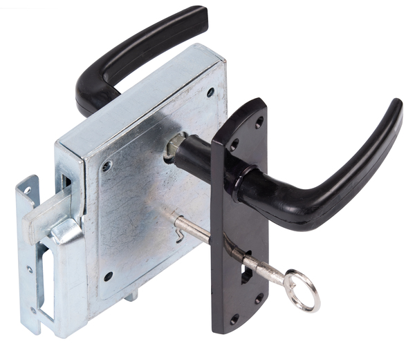 Sash lock box, Material: raw steel, Surface: blue galvanised, Contents per PU: 1 Piece, Height: 100 mm, Width: 105 mm, Size back set: 60 mm, Distance: 51 mm, Depth: 22 mm, Item description: With night lock, perforation for warded lock, Bolt recess: 12 / 24 mm, Socket: 8 x 8 mm, Retail packaged