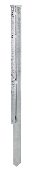 Fence post incl. flat iron, drilling distance 400 mm, Material: raw steel, Surface: hot-dip galvanised, for setting in concrete, Length: 1000 mm, For mat height: 600 mm, Post thickness: 60 x 40 mm, Flat iron: 40 x 4 mm, No. of holes: 3, 15-year warranty against rusting through