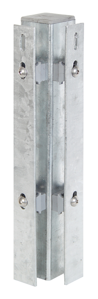 Corner post incl. flat iron, drilling distance 400 mm, for fixing of double bar grating panels, the flat iron supplied with the order in a separate parcel, Material: raw steel, Surface: hot-dip galvanised, for setting in concrete, Length: 1000 mm, For mat height: 600 mm, Post thickness: 60 x 60 mm, Flat iron: 40 x 4 mm, No. of holes: 6, 15-year warranty against rusting through