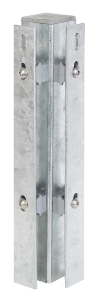 Corner post incl. flat iron, drilling distance 400 mm, for fixing of double bar grating panels, the flat iron supplied with the order in a separate parcel, Material: raw steel, Surface: hot-dip galvanised, for setting in concrete, Length: 1200 mm, For mat height: 800 mm, Post thickness: 60 x 60 mm, Flat iron: 40 x 4 mm, No. of holes: 6, 15-year warranty against rusting through