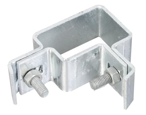 Corner clip for square posts, Material: raw steel, Surface: hot-dip galvanised, Type: two parts, For posts: 60 x 40 mm, Screw: M8, Screw length: 25 mm, 15-year warranty against rusting through