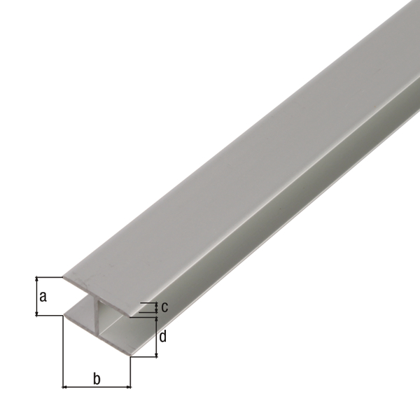 Profil H, samozaciskowy, materiał: aluminium, powierzchnia: anodowana srebrna, Szerokość: 8,9 mm, Wysokość: 20 mm, Grubość materiału: 1,5 mm, Szerokość światła: 5,9 mm, Długość: 1000 mm
