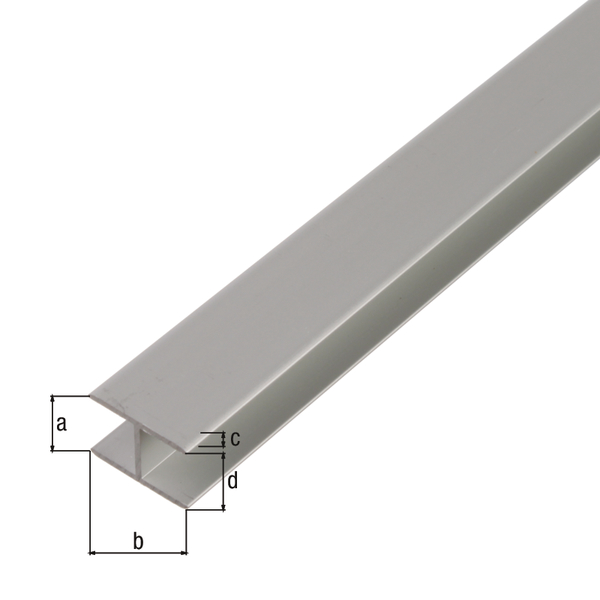 Profil H, samozaciskowy, materiał: aluminium, powierzchnia: anodowana srebrna, Szerokość: 8,9 mm, Wysokość: 20 mm, Grubość materiału: 1,5 mm, Szerokość światła: 5,9 mm, Długość: 2000 mm