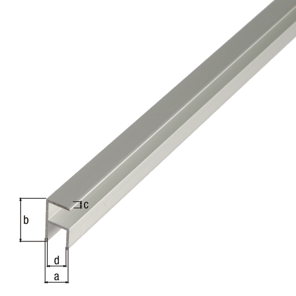 Perfil de ángulo; modelo a autopresión, Material: Aluminio, Superficie: anodizado plateado, Anchura: 8,9 mm, Altura: 20 mm, Espesura del material: 1,5 mm, Anchura de apertura: 5,9 mm, Longitud: 1000 mm