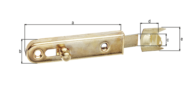 Furniture bolt with knob handle, with countersunk screw holes, Material: raw steel, Surface: brass-plated, type: straight, with stop angle, Length: 70 mm, Width: 16 mm, Slide width: 9 mm, Loop width: 13.5 mm, Loop length: 17 mm, No. of holes: 2, Hole: Ø4.4 mm