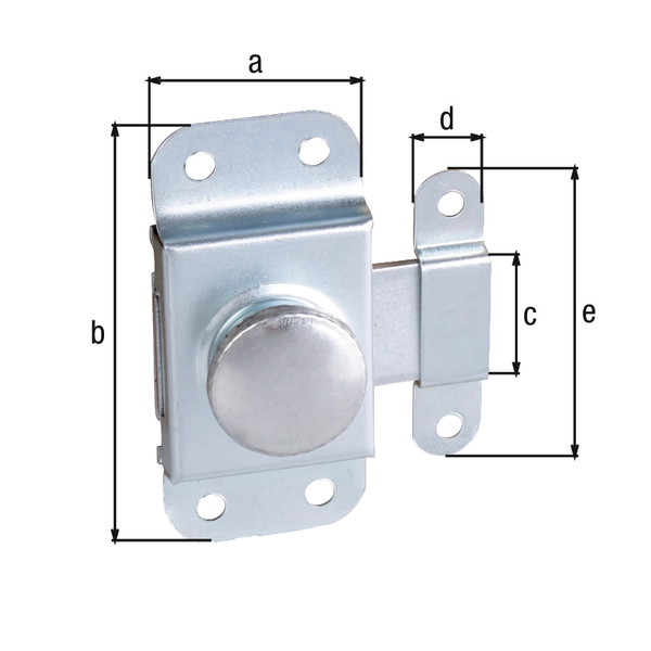 Chiavistello girevole, Materiale: acciaio grezzo, superficie: zincata blu, con guida asta, Lunghezza piastra: 30 mm, Larghezza piastra: 69 mm, Larghezza chiavistello: 19 mm, Larghezza guida asta: 12 mm, Lunghezza guida asta: 55 mm, Corsa del catenaccio: 17 mm, Numero di fori: 6, Foro: Ø4,5 mm