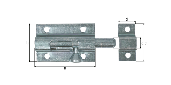 Bolzenriegel mit Knopfgriff, Material: Stahl roh, Oberfläche: galvanisch gelb verzinkt, mit befestigter Schlaufe, Plattenlänge: 50 mm, Plattenbreite: 33 mm, Bolzen-Ø: 9 mm, Schlaufenbreite: 15 mm, Schlaufenlänge: 33 mm, Gesamtlänge: 70 mm, Ausschub: 17 mm, Anzahl Löcher: 6, Loch: Ø4,5 mm