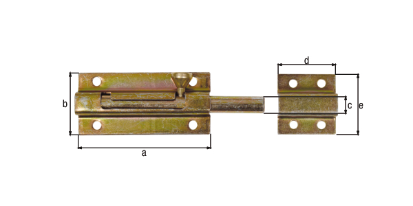 Bolzenriegel mit Knopfgriff, Material: Stahl roh, Oberfläche: galvanisch gelb verzinkt, mit befestigter Schlaufe, Plattenlänge: 70 mm, Plattenbreite: 33 mm, Bolzen-Ø: 9 mm, Schlaufenbreite: 31 mm, Schlaufenlänge: 33 mm, Gesamtlänge: 110 mm, Ausschub: 38 mm, Anzahl Löcher: 8, Loch: Ø4,5 mm