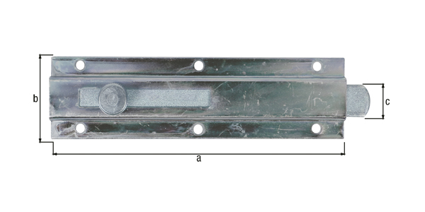 Door bolt with knob handle, Material: raw steel, Surface: yellow galvanised, without locking plate, Length: 150 mm, Width: 40 mm, Slide width: 16 mm, Extension length: 56 mm, No. of holes: 6, Hole: Ø4.5 mm