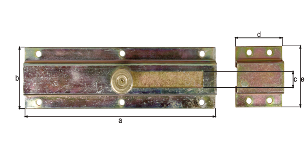 Door bolt with knob handle, Material: raw steel, Surface: yellow galvanised, with staple, Length: 200 mm, Width: 57 mm, Slide width: 25 mm, Loop width: 50 mm, Loop length: 58 mm, Extension length: 78 mm, No. of holes: 10, Hole: Ø5.5 mm