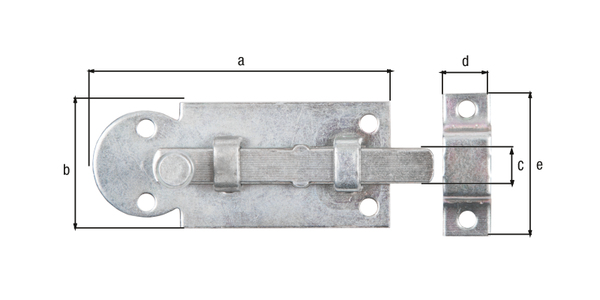 Window bolt with knob handle, Material: raw steel, Surface: galvanised, thick-film passivated, type: straight, with attached staple, Plate length: 61 mm, Plate width: 26 mm, Slide width: 7.5 mm, Loop width: 10 mm, Loop length: 30 mm, No. of holes: 6, Hole: Ø3.5 mm