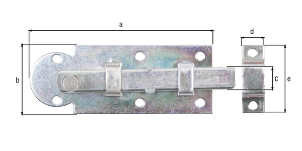 Window bolt with knob handle, Material: raw steel, Surface: galvanised, thick-film passivated, type: straight, with attached staple, Plate length: 80 mm, Plate width: 30 mm, Slide width: 10 mm, Loop width: 10 mm, Loop length: 30 mm, No. of holes: 8, Hole: Ø3.5 mm