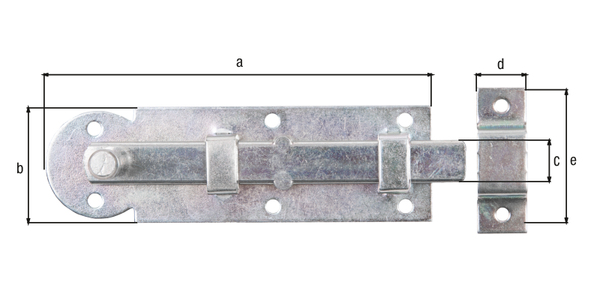 Fensterriegel mit Knopfgriff, Material: Stahl roh, Oberfläche: galvanisch verzinkt, Dickschichtschutz, Ausführung: gerade, mit befestigter Schlaufe, Plattenlänge: 100 mm, Plattenbreite: 30 mm, Schieberbreite: 11,5 mm, Schlaufenbreite: 13 mm, Schlaufenlänge: 38 mm, Anzahl Löcher: 6 / 2, Loch: Ø3,5 / Ø3,3 mm