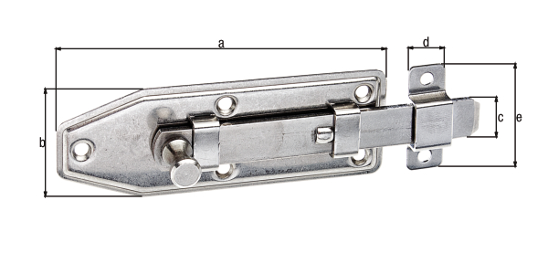 Window bolt with knob handle, with countersunk screw holes, Material: stainless steel, version: straight with attached staple, Plate length: 100 mm, Plate width: 35 mm, Slide width: 12 mm, Loop width: 12 mm, Loop length: 35 mm, Extension length: 29 mm, No. of holes: 7, Hole: Ø3.8 mm