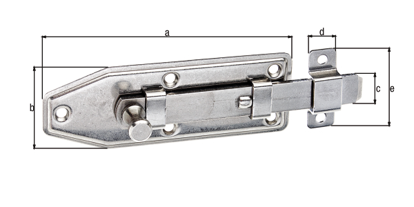 Fensterriegel mit Knopfgriff, mit versenkten Schraublöchern, Material: Edelstahl, Ausführung: gerade, mit befestigter Schlaufe, Plattenlänge: 100 mm, Plattenbreite: 35 mm, Schieberbreite: 12 mm, Schlaufenbreite: 12 mm, Schlaufenlänge: 35 mm, Anzahl Löcher: 7, Loch: Ø3,8 mm