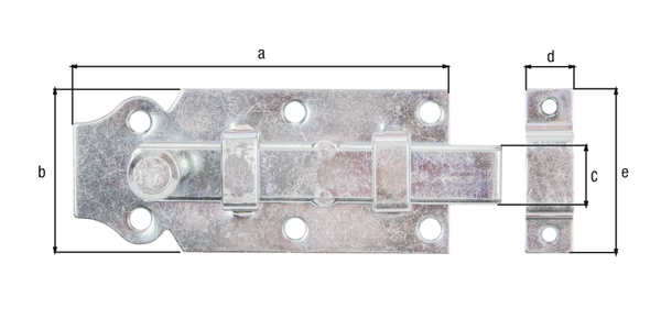 Cerrojo de puerta con manilla botón, con agujeros para atornillar avellanados, Material: Acero crudo, Superficie: galvanizado, pasivado con capa gruesa, modelo: recto, con cerradero fijado, Longitud de la pletina: 100 mm, Anchura de la pletina: 44 mm, Anchura del pasador: 16 mm, Anchura del cerradero plano: 13 mm, Longitud de la placa de cierre: 45 mm, Número de agujeros: 6 / 2, Perforación: Ø5 / Ø4 mm