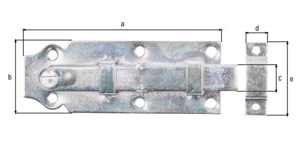 Türriegel mit Knopfgriff, mit versenkten Schraublöchern, Material: Stahl roh, Oberfläche: galvanisch verzinkt, Dickschichtschutz, Ausführung: gerade, mit befestigter Schlaufe, Plattenlänge: 120 mm, Plattenbreite: 44 mm, Schieberbreite: 16 mm, Schließblechbreite: 13 mm, Schließblechlänge: 45 mm, Anzahl Löcher: 6 / 2, Loch: Ø5 / Ø4 mm