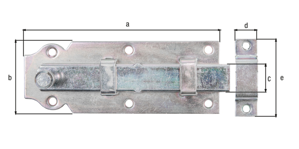 Door bolt with knob handle, with countersunk screw holes, Material: raw steel, Surface: galvanised, thick-film passivated, type: straight, with attached staple, Plate length: 140 mm, Plate width: 52 mm, Slide width: 20 mm, Width of locking plate: 16 mm, Length of locking plate: 55 mm, No. of holes: 6 / 2, Hole: Ø5 / Ø4.5 mm