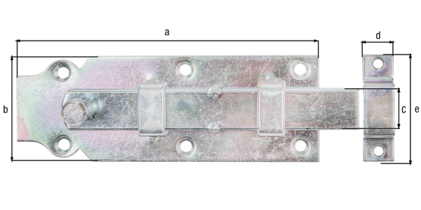 Cerrojo de puerta con manilla botón, con agujeros para atornillar avellanados, Material: Acero crudo, Superficie: galvanizado, pasivado con capa gruesa, modelo: recto, con cerradero fijado, Longitud de la pletina: 160 mm, Anchura de la pletina: 56 mm, Anchura del pasador: 22 mm, Anchura del cerradero plano: 16 mm, 55 mm, Número de agujeros: 6 / 2, Perforación: Ø5,3 / Ø4,5 mm