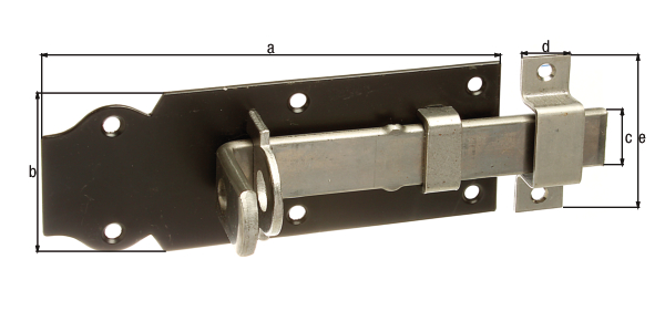 Schlossriegel mit flachem Griff, mit versenkten Schraublöchern, Material: Stahl roh, Oberfläche: galvanisch blau verzinkt, Platte schwarz lackiert, Ausführung: gerade, mit befestigter Schlaufe, Plattenlänge: 140 mm, Plattenbreite: 52 mm, Schieberbreite: 20 mm, Schlaufenbreite: 16 mm, Schlaufenlänge: 55 mm, Anzahl Löcher: 6 / 2, Loch: Ø5 / Ø4,5 mm