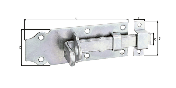 Lock bolt with flat handle, with countersunk screw holes, Material: raw steel, Surface: galvanised, thick-film passivated, type: straight, with attached staple, Plate length: 100 mm, Plate width: 44 mm, Slide width: 16 mm, Width of locking plate: 13 mm, Length of locking plate: 45 mm, No. of holes: 6 / 2, Hole: Ø5 / Ø4 mm