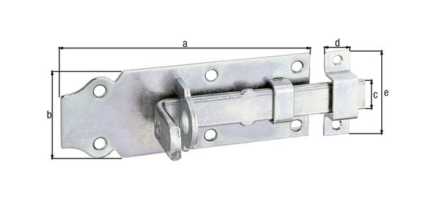 Schlossriegel mit flachem Griff, mit versenkten Schraublöchern, Material: Stahl roh, Oberfläche: galvanisch verzinkt, Dickschichtschutz, Ausführung: gerade, mit befestigter Schlaufe, Plattenlänge: 100 mm, Plattenbreite: 44 mm, Schieberbreite: 16 mm, Schließblechbreite: 13 mm, Schließblechlänge: 45 mm, Anzahl Löcher: 6 / 2, Loch: Ø5 / Ø4 mm