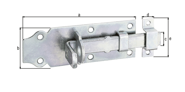 Verrou porte-cadenas avec poignée large, avec trous de vis fraisés, Matériau: Acier brut, Finition: galvanisée passivée, modèle : droit, avec gâche attachée, Longueur de platine: 120 mm, Largeur de platine: 44 mm, Largeur de pêne: 16 mm, Largeur de la gâche: 13 mm, Longueur de la gâche: 45 mm, Nombre de trous: 6 / 2, Trou: Ø5 / Ø4 mm