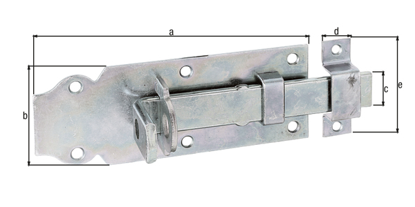 Lock bolt with flat handle, with countersunk screw holes, Material: raw steel, Surface: galvanised, thick-film passivated, type: straight, with attached staple, Plate length: 140 mm, Plate width: 52 mm, Slide width: 20 mm, Width of locking plate: 16 mm, Length of locking plate: 55 mm, No. of holes: 6 / 2, Hole: Ø5 / Ø4.5 mm