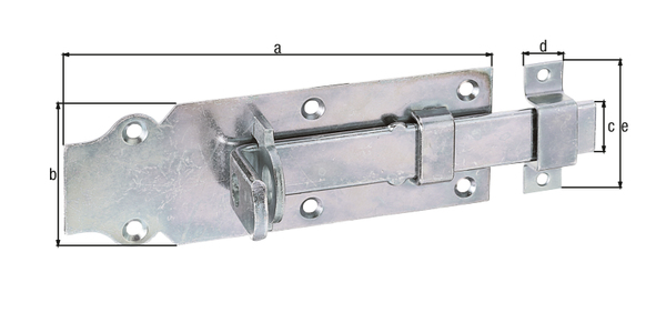 Lock bolt with flat handle, with countersunk screw holes, Material: raw steel, Surface: galvanised, thick-film passivated, type: straight, with attached staple, Plate length: 160 mm, Plate width: 56 mm, Slide width: 22 mm, Width of locking plate: 16 mm, Length of locking plate: 55 mm, No. of holes: 6 / 2, Hole: Ø5.5 / Ø4.5 mm