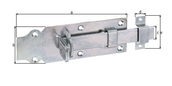 Schlossriegel mit flachem Griff, mit versenkten Schraublöchern, Material: Stahl roh, Oberfläche: galvanisch verzinkt, Dickschichtschutz, Ausführung: gerade, mit befestigter Schlaufe, Plattenlänge: 160 mm, Plattenbreite: 56 mm, Schieberbreite: 22 mm, Schließblechbreite: 16 mm, Schließblechlänge: 55 mm, Anzahl Löcher: 6 / 2, Loch: Ø5,5 / Ø4,5 mm