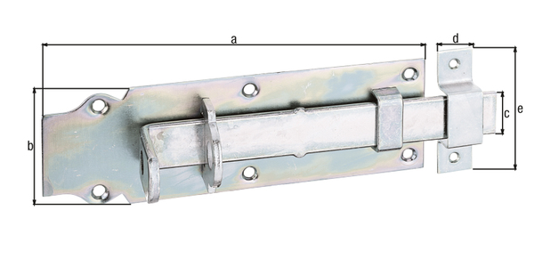 Lock bolt with flat handle, with countersunk screw holes, Material: raw steel, Surface: galvanised, thick-film passivated, type: straight, with attached staple, Plate length: 200 mm, Plate width: 64 mm, Slide width: 25 mm, Width of locking plate: 20 mm, Length of locking plate: 73 mm, No. of holes: 6 / 2, Hole: Ø5.5 / Ø4.5 mm