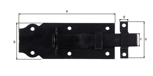 Lock bolt with flat handle, with countersunk screw holes, Material: raw steel, Surface: galvanised, black powder-coated, type: straight, with attached staple, Plate length: 120 mm, Plate width: 44 mm, Slide width: 16 mm, Width of locking plate: 13 mm, Length of locking plate: 45 mm, No. of holes: 6 / 2, Hole: Ø5 / Ø4 mm, 15-year warranty against rusting through