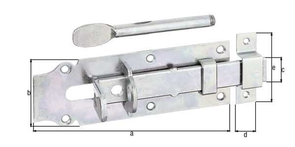 Barn flush bolt with flat handle, with countersunk screw holes, Material: raw steel, Surface: galvanised, thick-film passivated, type: straight, with attached staple, Plate length: 180 mm, Plate width: 64 mm, Slide width: 25 mm, Loop width: 20 mm, Loop length: 72 mm, Pin length: 128 mm, No. of holes: 6 / 2, Hole: Ø5.5 / Ø4.5 mm