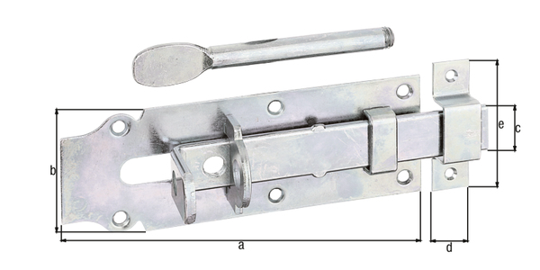 Stalltür-Schlossriegel mit flachem Griff, mit versenkten Schraublöchern, Material: Stahl roh, Oberfläche: galvanisch verzinkt, Dickschichtschutz, Ausführung: gerade, mit befestigter Schlaufe, Plattenlänge: 180 mm, Plattenbreite: 64 mm, Schieberbreite: 25 mm, Schlaufenbreite: 20 mm, Schlaufenlänge: 72 mm, Stiftlänge: 128 mm, Anzahl Löcher: 6 / 2, Loch: Ø5,5 / Ø4,5 mm