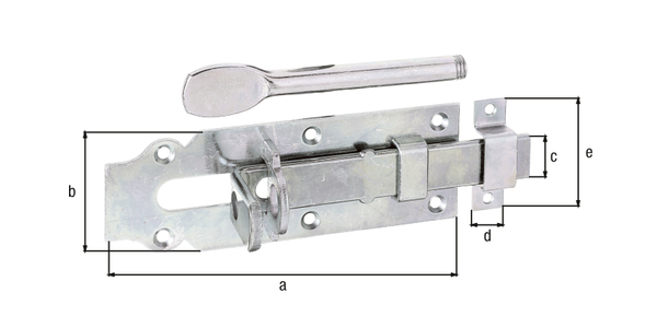 Barn flush bolt with flat handle, with countersunk screw holes, Material: raw steel, Surface: galvanised, thick-film passivated, type: straight, with attached staple, Plate length: 160 mm, Plate width: 56 mm, Slide width: 22 mm, Loop width: 16 mm, Loop length: 55 mm, Pin length: 128 mm, No. of holes: 6 / 2, Hole: Ø5.5 / Ø4.5 mm