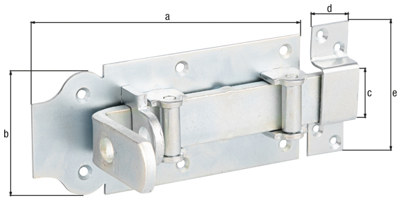 Rollen-Schlossriegel mit flachem Griff, mit versenkten Schraublöchern, Material: Stahl roh, Oberfläche: galvanisch verzinkt, Dickschichtschutz, Ausführung: gerade, mit befestigter Schlaufe, Plattenlänge: 180 mm, Plattenbreite: 80 mm, Schieberbreite: 30 mm, Schlaufenbreite: 26 mm, Schlaufenlänge: 86 mm, Anzahl Löcher: 10, Loch: Ø5 mm