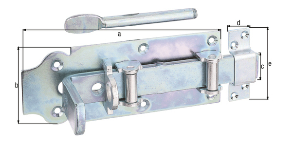 Lockable barn roller bolt with flat handle, with countersunk screw holes, Material: raw steel, Surface: galvanised, thick-film passivated, type: straight, with attached staple, Plate length: 200 mm, Plate width: 80 mm, Slide width: 30 mm, Loop width: 26 mm, Loop length: 86 mm, Pin length: 123 mm, No. of holes: 10, Hole: Ø5 mm