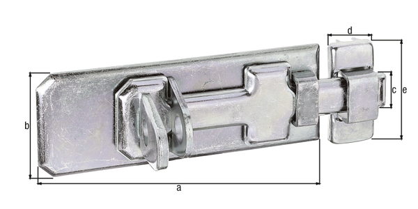 Security lock bolt with flat handle, with countersunk screw holes, Material: raw steel, Surface: galvanised, thick-film passivated, type: straight, with attached staple, Plate length: 80 mm, Plate width: 35 mm, Slide width: 13 mm, Loop width: 18 mm, Loop length: 41 mm, No. of holes: 6, Hole: Ø4.5 mm