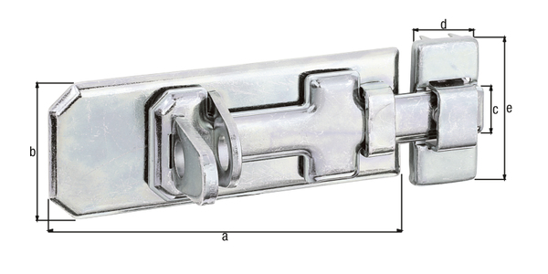Security lock bolt with flat handle, with countersunk screw holes, Material: raw steel, Surface: galvanised, thick-film passivated, type: straight, with attached staple, Plate length: 100 mm, Plate width: 40 mm, Slide width: 15 mm, Loop width: 20 mm, Loop length: 45 mm, No. of holes: 6, Hole: Ø4.5 mm