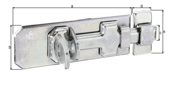 Security lock bolt with flat handle, with countersunk screw holes, Material: raw steel, Surface: galvanised, thick-film passivated, type: straight, with attached staple, Plate length: 120 mm, Plate width: 45 mm, Slide width: 17 mm, Loop width: 22 mm, Loop length: 50 mm, No. of holes: 6, Hole: Ø5 mm